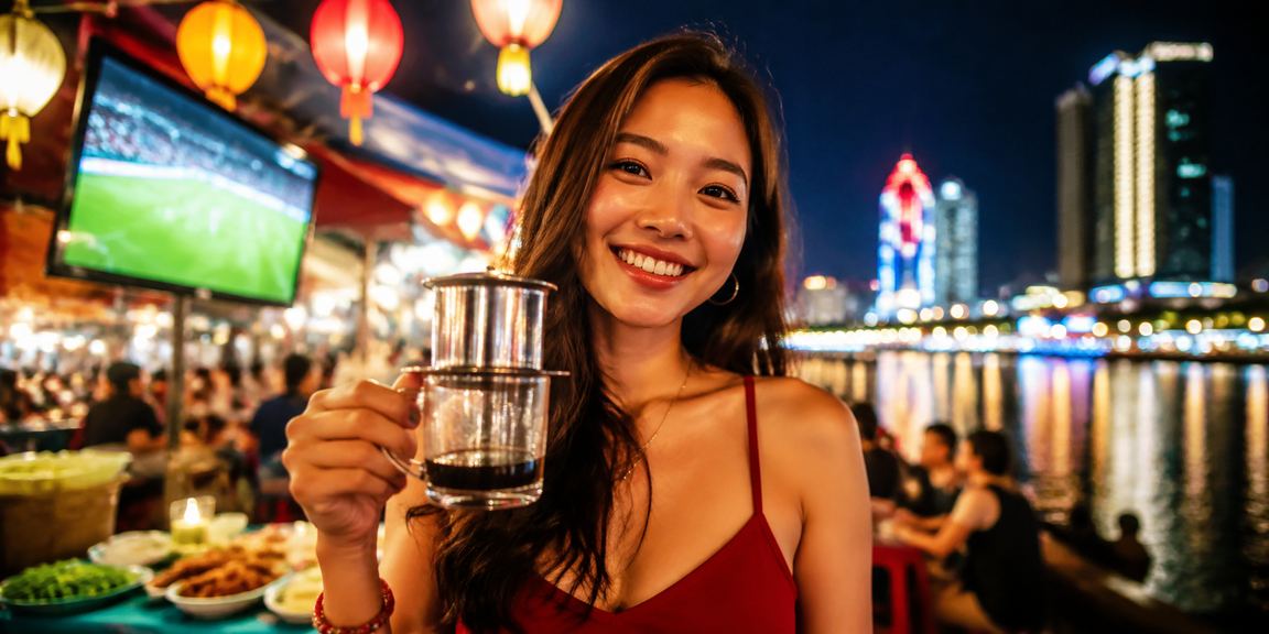Ly cà phê sáng tại Quy Nhơn bên cạnh màn hình xem kết quả xổ số